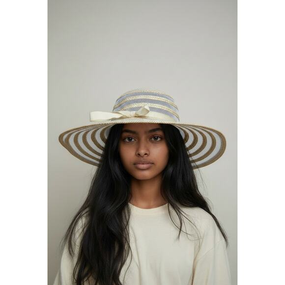 Vintage Bambergers Stripe Floppy Hat Tan Cream Ribbon Beach Cottagecore Vintage Bambergers Italian Stripe Floppy Hat Tan Cream  main image 3